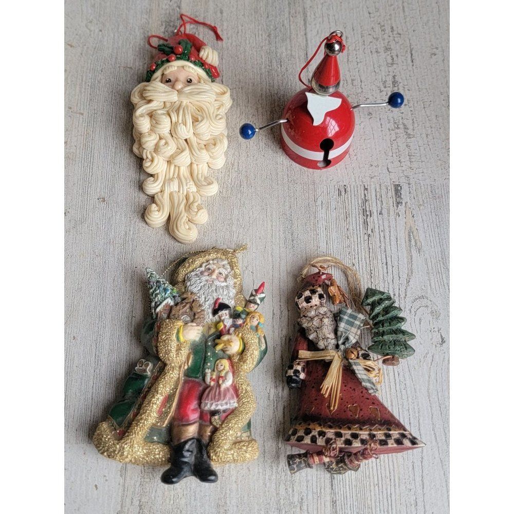Santa Claus metal bell beard tree rustic ornament‎ set glitter Xmas toys
